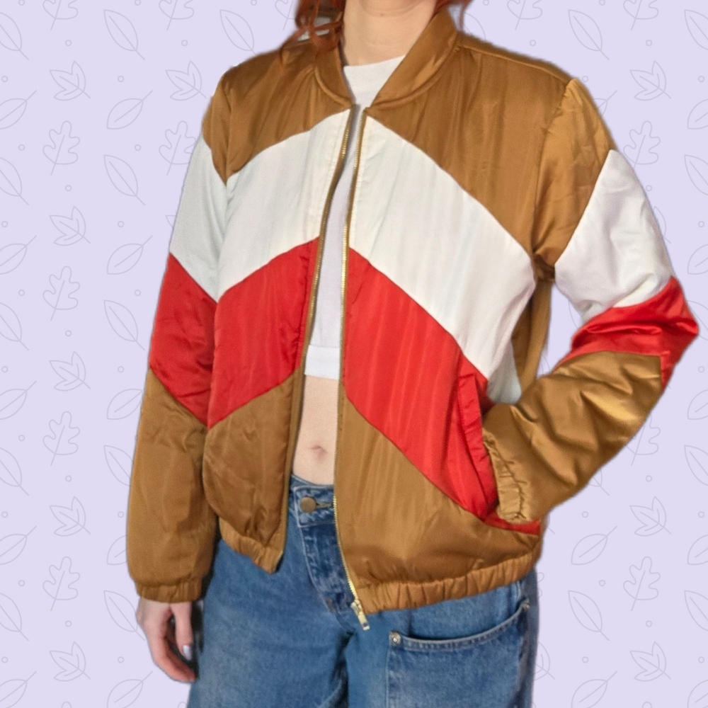 Forever 21 Tri-Tone Bomber Jacket - Tan, Red, White